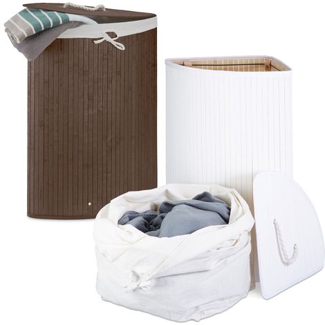 juego de 2 cestas de ropa, sistema de separación de bambú, bolsa extraíble, cestas de 64 L cada una, marrón/blanco (1/5)