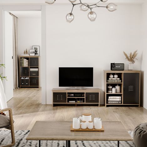 Buffet Industriel - en Bois et Porte métal Noir - Meuble de Rangement sur pied 3 niches Placard