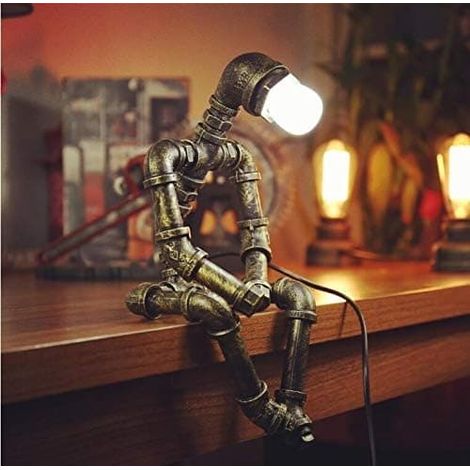 Ecleanfy - Lampe de table Steampunk, lampe de table robot vintage industrielle en tuyaux de bronze avec ampoule Edison - Idée cadeau originale (1/5)