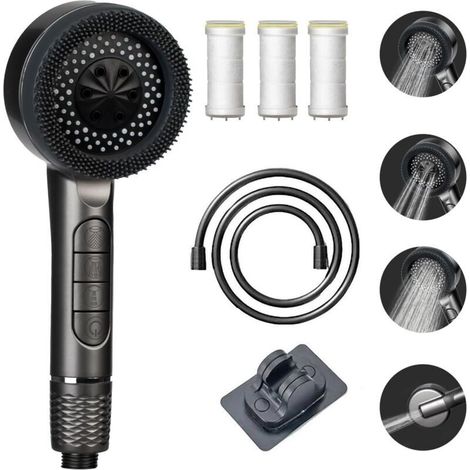 Pommeau de douche haute pression – 4 types de jets – Tuyau 1,5m – Filtration 3 couches – Pression 200% supérieure – Support inclus (1/5)