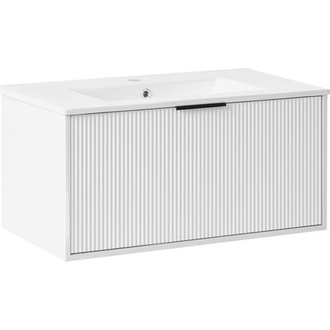 Wandmontierter Waschtischunterschrank mit Waschbecken mit schwarzem Griff TILCARA 80 cm Weiß (1/5)