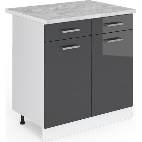 Base universale R-Line, Antracite lucido, 80 cm con cassetti e ante, con piano di lavoro, Vicco