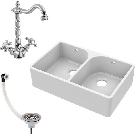 Fireclay 795mm Double Bowl Butler Kitchen Sink - Weir with French Classic Tap & Wastes - Ceramic Kitchen Sink & Tap