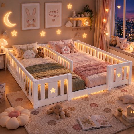 Lit double enfant au Sol 90x200 avec sommier, Lit Montessori avec Barrière, Lit à Barreaux Étoiles et Lunes, Bois Massif de Pin, Jusqu’à 230 kg, Montage Facile, Lit pour deux enfants, blanc