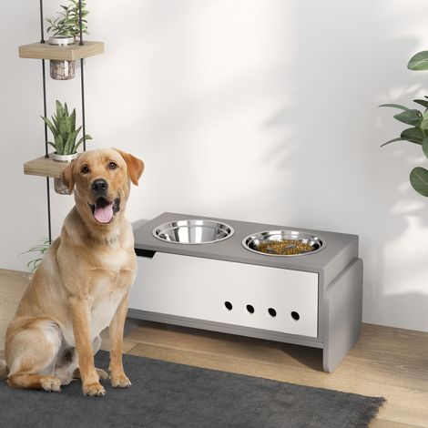 Station d'alimentation surélevée pour chiens, avec espace de rangement et tapis anti-avalement, 2 gamelles de 2000 ml en acier inoxydable, grise (1/5)