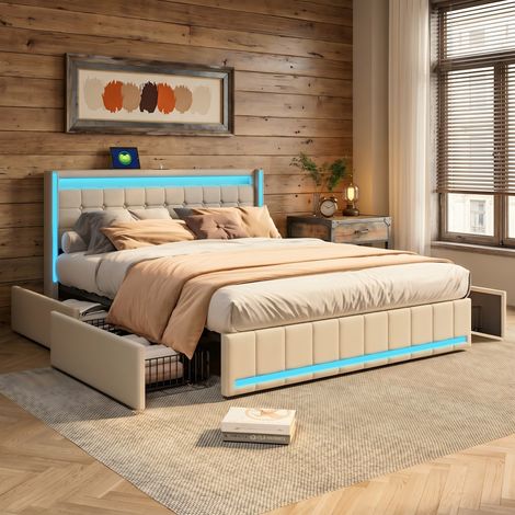 SYEKLAOO Lit avec Sommier LED et USB,lit Double rembourré avec sommier à Lattes et 4 Tiroirs,lit 2 Personnes pour Adultes et Adolescents,Lin- Beige -140 x 200cm (1/5)