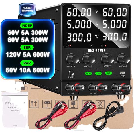 Fuente de alimentación de laboratorio de CC, doble canal, voltaje y corriente ajustables, 60 V 5 A, 120 V 5 A, 60 V 10 A (1/2)