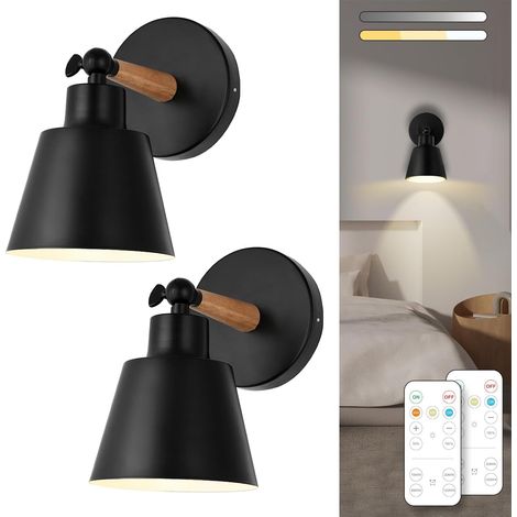 Schwarzes, batteriebetriebenes Wandleuchten-Set (2 Stück), einfach zu installierende, kabellose Wandleuchten, dimmbare LED-Leuchten mit Fernbedienung, Wandleuchten mit automatischer Zeitschaltuhr für (1/5)