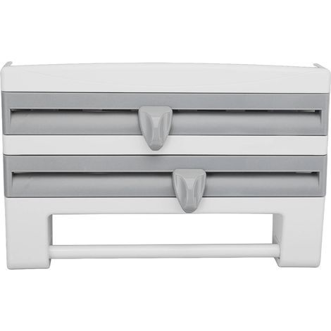 Porte-film alimentaire mural multifonctionnel avec coupe-film et vis, pour la cuisine, gris et bleu. (1/5)