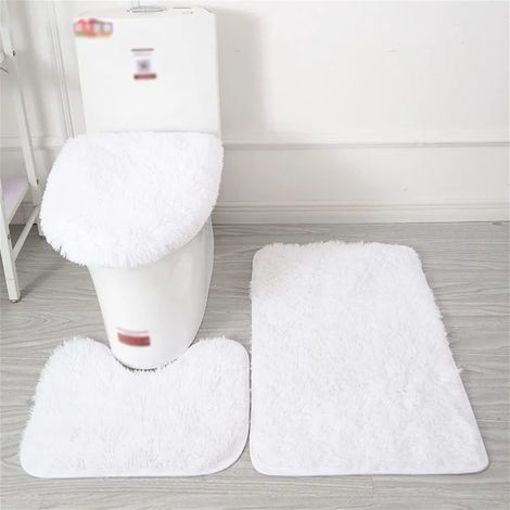 Badematten-Set, 3-teilig: Langflorige, rutschfeste Badematte, weiche, gebogene Badematte, Langflor-WC-Sitzbezug, weiß.