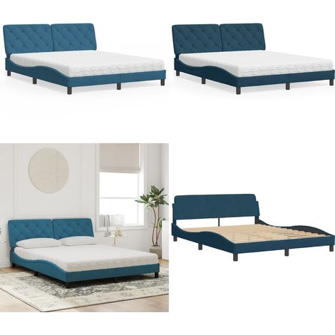 Lit avec matelas bleu 160x200 cm velours - Lit Double - Lit Plateforme - Lit Design - Lit Velours - Literie - Home & Living (1/5)