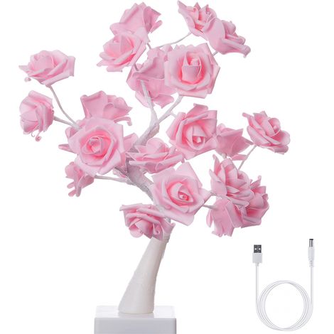 Lampe de bureau en forme de bonsaï rose, 24 LED, à piles, décorative pour salon ou chambre. (1/5)