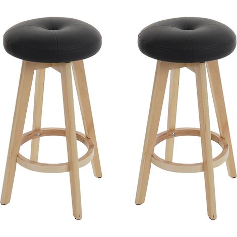 Juego de 2 elegantes taburetes de bar mostrador en símil piel negra patas giratorias de madera 040000459 (1/5)