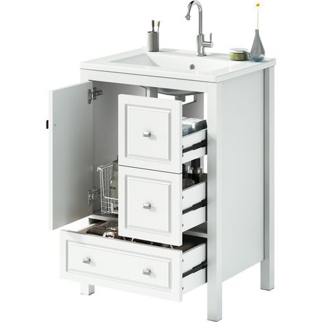 CHICFURN Mueble de baño con lavabo cerámico 62x47x90 cm, blanco, con 1 puerta, 3 cajones, cierre suave y gran almacenaje para baño moderno (1/5)