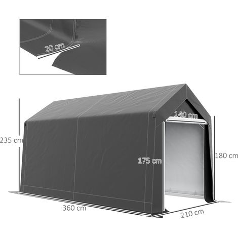Abri de jardin, 2,1 x 3,6 x 2,35 m, protection UV, porte zippée, revêtement déperlant, idéal pour motos et outils de jardin, gris foncé. (1/5)