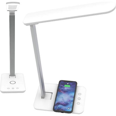 Lampe De Bureau - LED - Chargeur Sans Fil Qi - 3 Niveaux Luminosité - Commande Tactile - Socle Rotatif 120° - Orientable 90° - USB 5V/1A - 1 Pièce (1/5)