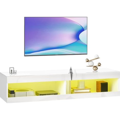 Meuble TV suspendu avec éclairage LED RGB 16 couleurs, support ouvert pour téléviseurs 55-60 pouces, 140x40x30 cm, blanc brillant (1/5)