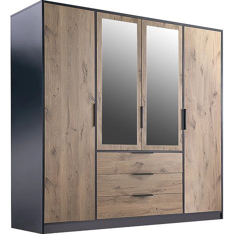 Armadio 4 ante e 3 cassetti Con specchi L196 cm Naturale e Nero - LAMIKI (1/4)