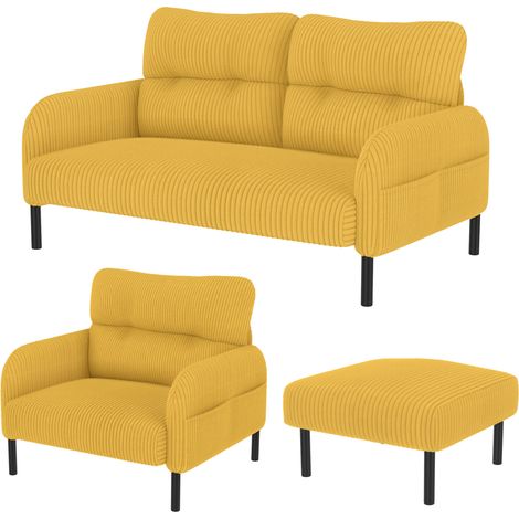 Set canapé 2 places, fauteuil et pouf en tissu corduroy moutarde avec structure métal et bois (1/5)