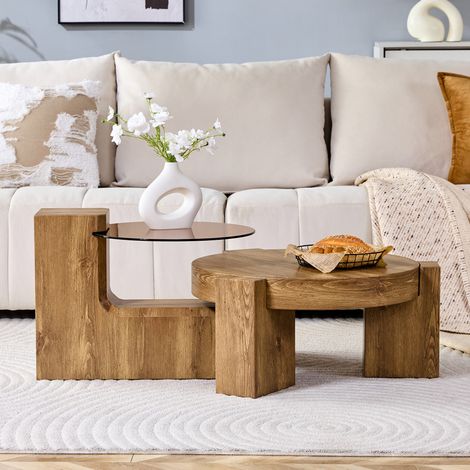 Tavolino modulare Ø61x30 cm in MDF e vetro marrone salvaspazio per soggiorno FloraGrace (1/5)