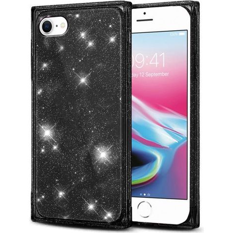 Funda cuadrada con purpurina para iPhone 7/8/SE 2020/SE 2022, negra. (1/2)