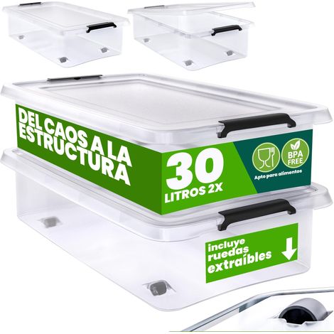 DEUBA® Caja Almacenamiento Plástico Transparente Resistente Capacidad 30 ó 60 Litros Organizador con Tapa 4 Ruedas Libre de BPA Contenedor Apilable 2x 30L (de)