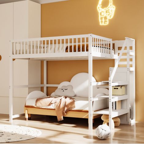 Lit mezzanine moderne 140x200 cm en bois blanc avec escalier de rangement, armoire intégrée et sommier 15 lattes (1/5)