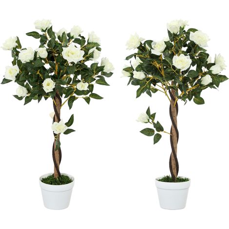 Outsunny Pianta Artificiale di Rosa da 21 Fiori Ø18x90 cm Bianco con Vaso