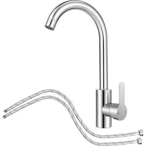 Robinet de cuisine avec flexible, mitigeur inox à 360°, douchette extractible, design courbé et pratique-Chrom (1/5)