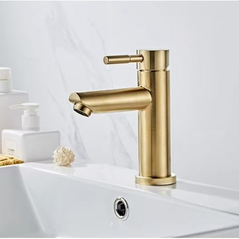 Export-grade 304 stainless steel brushed gold bathroom sink, single-hole washbasin, hot and cold water undermount basin faucet -- brushed gold straight spout low style [hot and cold water]