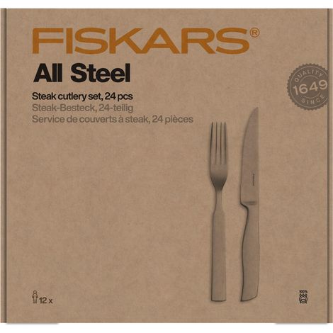 Set di posate da bistecca Fiskars, 24 pezzi, interamente in acciaio.