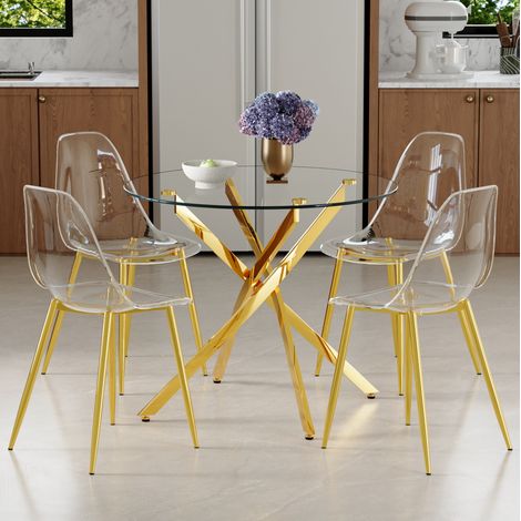 Tisch Esstisch rund 88 cm Glas 4 Stühle Set OKMYHOME (1/5)