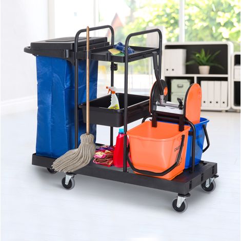 Carrello per pulizia 111x63.3x103 cm, professionale, con 2 ripiani, 4 ruote, strizzatore removibile, metallo nero (1/5)