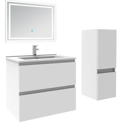 Ensemble meuble de salle de bain 60cm, vasque céramique + colonne bas + LED miroir rectangulaire, blanc