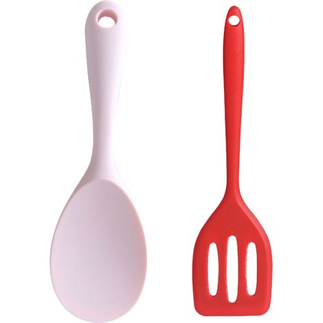 Ensemble d'ustensiles de cuisine en silicone (2 pièces), résistants aux hautes températures, compatibles lave-vaisselle, rouge et rose. (1/4)