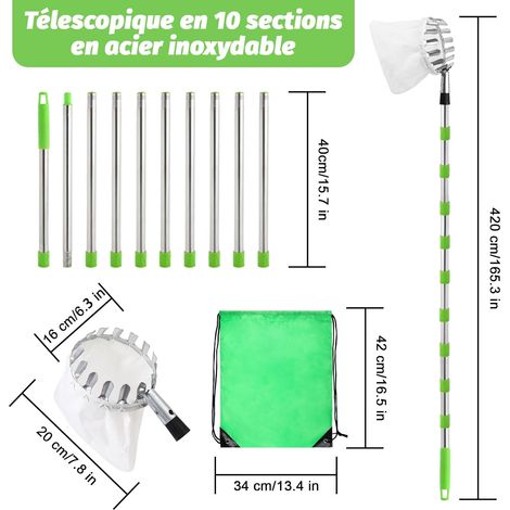 Asta telescopica da 4,2 m per la raccolta della frutta con borsa portaoggetti, regolabile in acciaio inox, per ciliegie, mele, noci, olive, prugne - ALTRO (1/4)