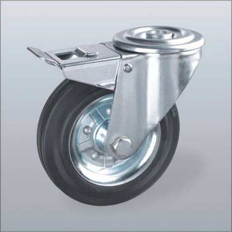 RUOTA IN GOMMA NERA NUCLEO SUPPORTO ZINC. CON FORO RUOTE GIREVOLI FRENO CARRELLI - RUOTA GIREVOLE CON FRENO Ø125L