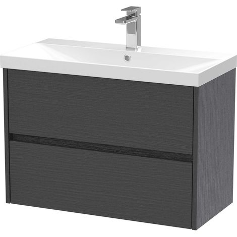 Nuie Havana Graphite Grey Woodgrain 800mm Wall Hung 2 Drawer Vanity Unit and Thin Edge Ceramic Basin - HAV2206D (1/4)