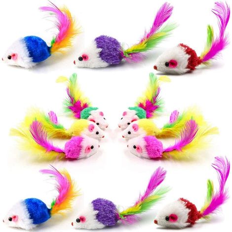 Lot de 12 souris jouets pour chat d'intérieur avec hochet, 5 couleurs différentes. Jouet pour chatons et chatons avec plumes. Je (1/5)