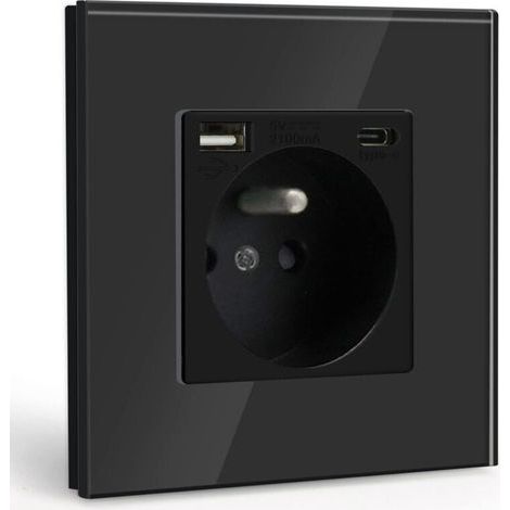 Wall socket with USB and 1 Type-C port, Black AC power with crystal glass panel, Wall power strip with USB (max 2.1A), suitable for smartphones and tablets - LIAIKI