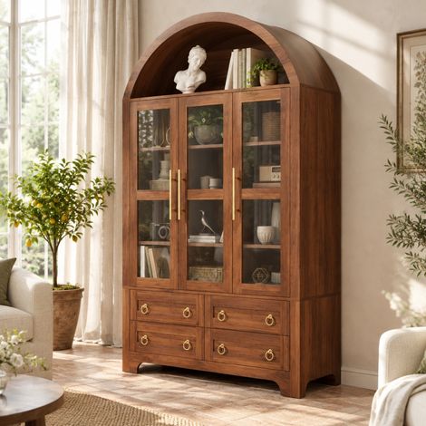 MODFU – Credenza 110x40x185 cm in MDF con 3 ante in vetro, 4 cassetti e nicchia aperta, carico 50 kg – Noce (1/5)