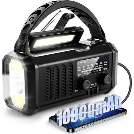 Radio d'urgence avec manivelle et alimentation solaire, batterie externe de 10 000 mAh et lampe torche. (1/5)