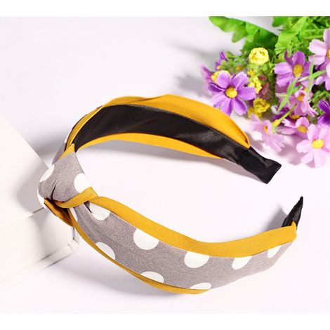Accessoire de coiffure pour femme : serre-tête rond à nœud croisé et pois (gris clair et jaune) (1/2)