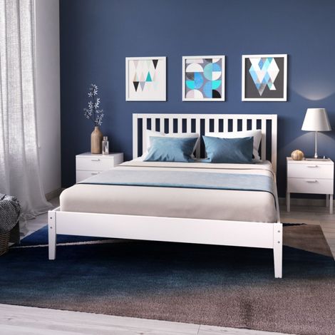 Lit adulte PARKER 140x190 cm – Structure en épicéa et MDF – Finition blanche – Tête de lit à barreaux – À monter soi-même – Weber Industries (1/5)