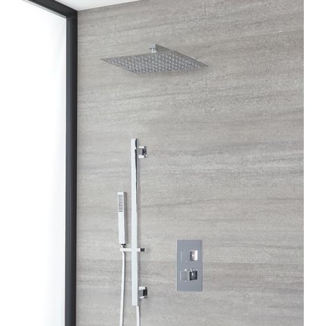 Kubix - Mitigeur de Douche Thermostatique Moderne à Double Fonctions avec Pommeau Mural Pluie Carré de 30 cm et Kit Douchette sur Rampe - Chromé (1/5)