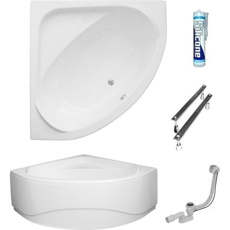 ECOLAM Baignoire d'angle acrylique symétrique Standard Polimat 140x140cm  pieds siphon + silicone  tablier en acrylique blanc (1/5)