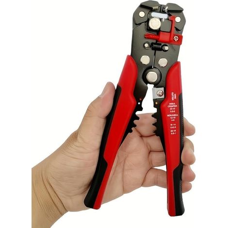 Pince à sertir les fils, combinant les fonctions de sertissage, de dénudage et de coupe des fils en un seul outil multifonctionnel - rouge. (1/4)
