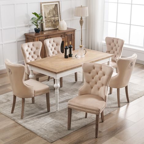 6er-Set Stühle, gepolsterte Rückenlehne, Knopfbezug, einzigartiger Türklopfer, Beine aus Massivholz, geeignet für Wohnzimmer, Küche, Esszimmerstühle, Beige