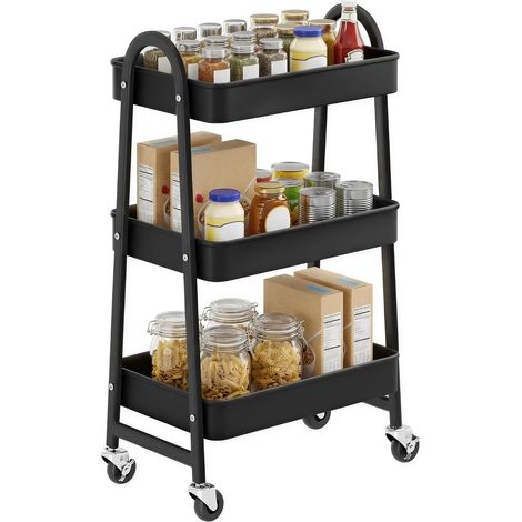 3-stöckiger Aufbewahrungswagen – 1 Stück – Schwarzes Metall – Mobil mit Bremsen und Griffen – Küche, Werkstatt, Badezimmer – 68 x 35 x 78 cm (1/5)