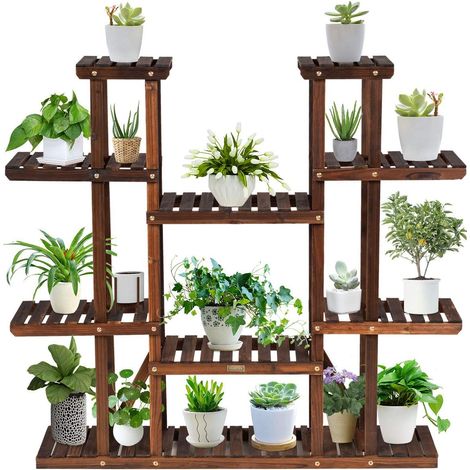 COSTWAY Pflanzenregal Blumenregal, Blumenstaender Holz, Blumentreppe Garten, Pflanzentreppe mehrstoeckig, Holzregal 9 Etagen / 125x25x114cm